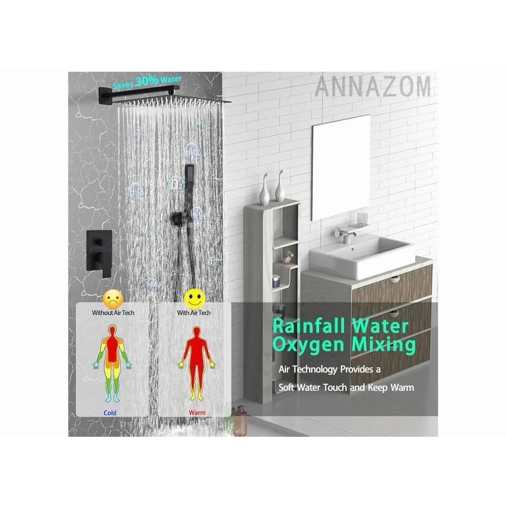 Matte Black Shower Faucet Set Rainfall Shower Head Mixer Valve Wall Mount System